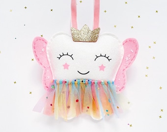 Personalized girl tooth fairy pillow , tooth fairy door hanging , girl rainbow tooth fairy pouch ,  baby gift , keepsake