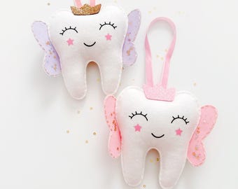 Personalized girl tooth fairy ; custom color glitter wings ; door hanging ;  plush ; tooth fairy with crown