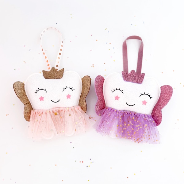 Hada de los dientes personalizada para niña con alas brillantes; hada de los dientes bailarina; adorno para puerta; peluche; tutú y corona.