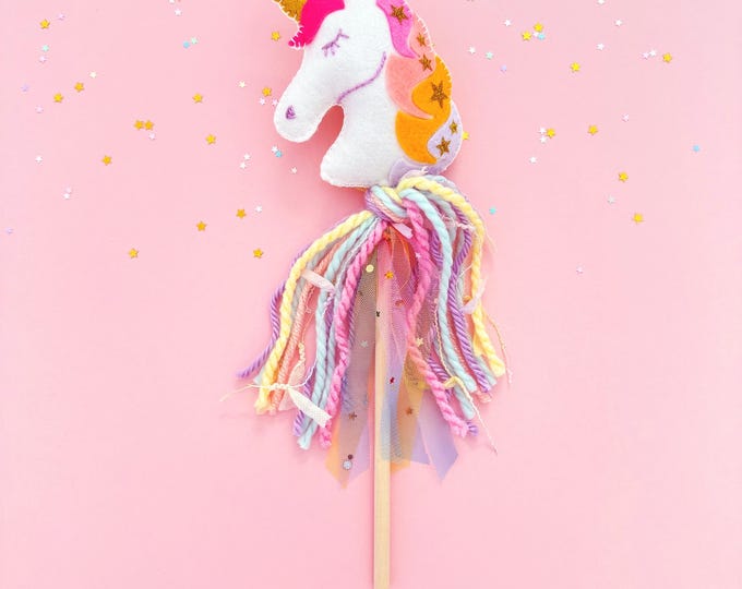 Bright rainbow unicorn wand ; Pastel unicorn ; Felt plush unicorn ; Unicorn sparkle ; Rainbow celebration ; pretend play ; costume
