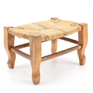 ChezRai - Vintage French Small Woven Straw Rush Seat Top Stool Footstool Footrest Kitchen Bedroom Living Room Farmhouse Cottage Display