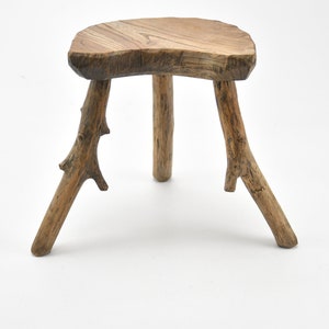 Vintage French 13&quot; Small Rustic Wooden Branch Legged Stool Plant Stand Room Display Farmhouse Cottage French Vintage Tabouret / ChezRai