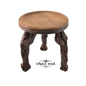 Vintage French Branch Leg Round Stool Grape Vine Table Seat Plant Stand Grape Vine Wood Legs Farmhouse Heavyweight Construction / Chez Rai