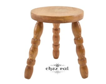 Vintage French Wood Light Coloured Three Legged Round Stool Tabouret Plant Stand Farmhouse Milking Display Housewarming Gift Idea / Chez Rai
