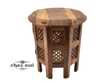 Vintage Hermosa mesa de té redonda tallada de 3 piezas madera pesada octogonal enmarcada sala de estar mesa lateral Pantalla de bienvenida Regalo de bienvenida / Chez Rai