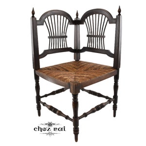 Vintage French Corner Chair Wood And Rush Seat Fanial Different Farmhouse Rustic Fireplace Chair Bedroom Country Cottage / Chez Rai