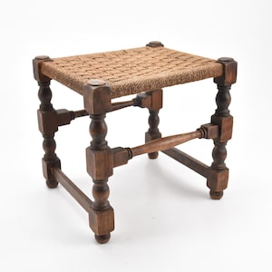 ChezRai - Vintage Wooden Cord Woven Rope Rectangular Stool Turned Legs Seat Farmhouse Cottage Kitchen Barn Room Display Gift Idea
