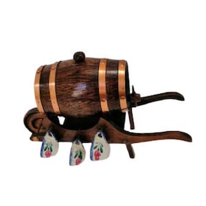 Vintage French Small Wooden Barrel On Wheel Barrow With Tiny 6 Cups Ceramic Cups Copper Strips Home French Addition c 1970s- 80s  / Chez Rai