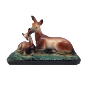 Vintage Plaster Statue Doe Hind And Fawn Sitting Deer Animal Sculpture Figurine Signed By A. BIAGIONI Tours No 211 c 1950s - 60s  / Chez Rai
