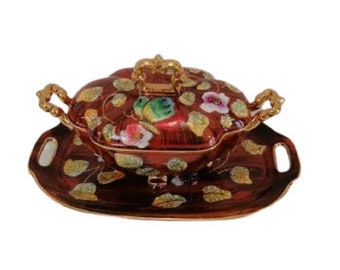 Vintage Hubert Bequet Belgium Pottery Soup Tureen Beautiful Set Ceramic Hand Painted Butterfly Centerpiece Tableware c 1950 - 60s / Chez Rai