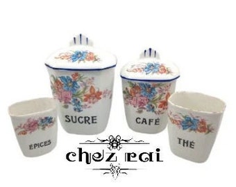 Vintage French Porcelain Canister Set Of 4 Containers Kitchen Storage Lettering In French Jars Farmhouse Kitchen c 1940s - 60s  / Chez Rai