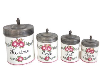 Vintage French Ceramic Canister Sets With Heavy Pewter Lids Jean Goardere French Cuisine Heavy Jar Containers circa 1970s - 80s  / Chez Rai