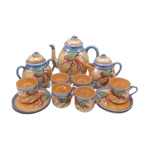 Vintage Japanese Oriental Lustreware Tea Set Bird And Cherry Branch Pattern Asian Japan Tableware Coffee Delicate c 1950s - 60s  / Chez Rai