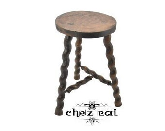 Vintage French 18" Medium Height Wooden Twist Three Legged Round Stool Plant Stand Cottage Farmhouse Room Display Wood Tabouret / ChezRai