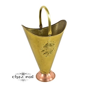Vintage French Brass Copper Umbrella Walking Stick Cane Holder Storage Coal Scuttle Fireplace Decor Hallway Container Cloakroom / Chez Rai