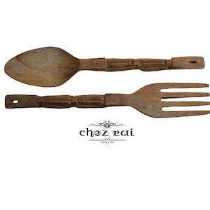 Vintage Carved Wood Wooden Large Decorative Spoon And Fork Cutlery Wall Kitchen Farmhouse Restaurant Decor Display c 1970&#39;s-80&#39;s / Chez Rai