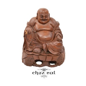 Vintage Asian Wooden Happy Smiling Buddha Figure Wooden Buddha Sculpture Seated Buddha Luck and Wealth Figurine Statue Gift Idea / Chez Rai