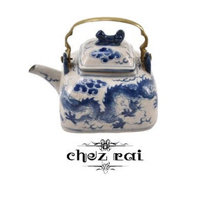 Vintage Chinese Dragon Blue and White Asian Teapot Ceramic with Brass Handle Kitchen Tea Pot Ornament Serving circa 1970&#39;s-80&#39;s / Chez Rai