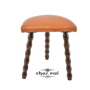 Vintage French Wooden Three Legged D Stool Leather Cover Top Kid&#39;s Seat Chair Farmhouse Room Decor Cottage Barn / Chez Rai