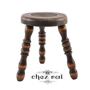 Vintage French 13&quot; Wooden Turned Three Legged Round Stool Tabouret Farmhouse Cottage Wood Room Display Housewarming Gift Idea / Chez Rai