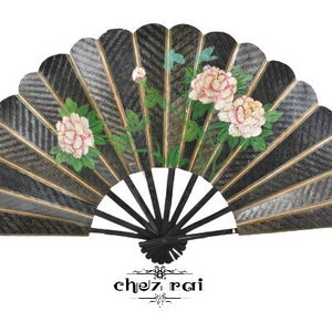 Vintage Large Huge Asian Chinese Hand Painted Bamboo Wall Fan Wall Decor Home Decor Flower Folding Wall Fan Art Gift Idea / Chez Rai