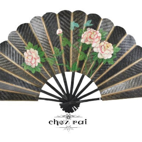 vintage Grand énorme chinois asiatique peint à la main en bambou Mur Mur Mur Décor Décor Maison Décor Fleur pliant Mur Fan Art Cadeau Idée / Chez Rai