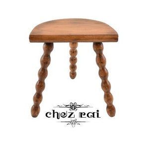Vintage French 13&quot; Small Wooden Bobbin Three Legged D Stool Plant Stand Demi Lune Tabouret Milking Room Display Farmhouse Cottage / Chez Rai