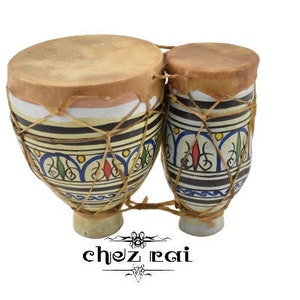 Vintage African Moroccan Leather Twin Drum Musical Instrument Pottery Instrument Decorative Ornament Percussion Décor c1970-80&#39;s / Chez Rai