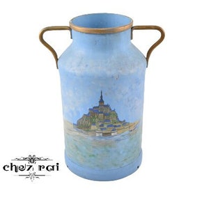 Vintage French Painted Mont Saint Michel Two Boats Aluminium Milk Churn Umbrella Walking Stick Stand Flower Vase Hallway Decor / Chez Rai
