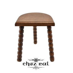 Vintage French 12&quot; Wooden Bobbin Three Legged Stool Plant Stand Display Farmhouse Cottage Barn Room Décor Wood Milking Stool / Chez Rai