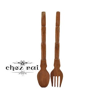 Vintage Homemade Wooden Crudelly Carved Large Fork And Spoon Cutlery Wall Hanging Decor Restaurant Kitchen Display Gift Idea / Chez Rai