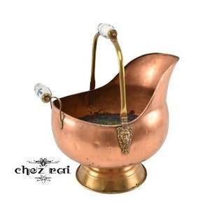 Vintage Copper Brass Coal Scuttle Bucket French Vintage Planter Fireplace Decor Indoor Garden Ceramic Handle Room Decor / Chez Rai