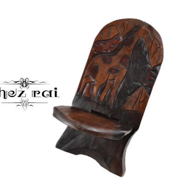 girafe africaine en bois vintage décoré Simple sculpté petit bois lourd siège pliant chaise tabouret naissance chaise présentoir / Chez Rai