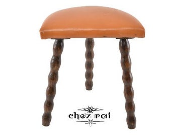 Vintage French Wooden Three Legged D Stool Leather Cover Top Kid's Seat Chair Farmhouse Room Decor Cottage Barn / Chez Rai