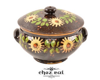 French Vintage Pottery Glazed Lidded Soup Tureen Bowl Chili Serving French Country Kitchen Decor Pottery Terrine c 1950's - 60s / Chez Rai