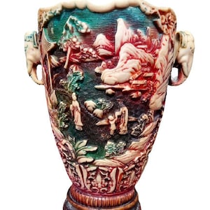 Vintage Chinese Style Carved Resin Vase Home Decor Decoration Flower Display Asian Family Oriental Life Elephants Lovely Vase / Chez Rai