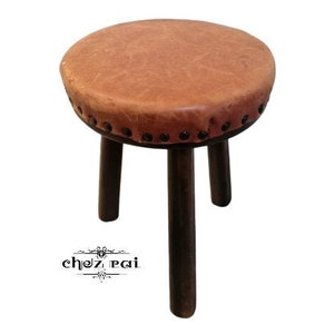 Vintage French Wooden Stool With Leather Topped Seat Chair Plant Stand Hallway Entryway Display Farmhouse Milking Bedroom Stool  / Chez Rai