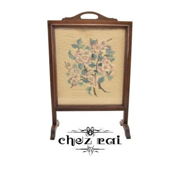 Vintage French Small Fire Screen Glass Front Inset Flower Tapestry Needlework Room Stand Fireplace Screen Decor Gift Idea / Chez Rai