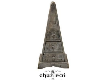 Vintage Wooden Hand Carved African Pyramid Drawer Cabinet With Three Drawers Tabletop Unit Storage Room Decor Gift Idea / Chez Rai