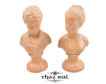 Vintage French Found Boy and Girl Slate Brown Bust Statue Figurine Plaster Pair Shelf Display Interior Decor Gift Idea / Chez Rai