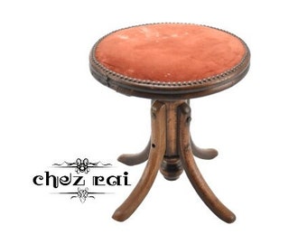 Vintage French Heavy Piano Thonet Style Stool Adjustable Tabouret Fabric Covered Seat Music Room Gift Idea c 1930's - 40's / ChezRai