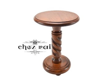 Vintage French 20" Heavy Wooden Round Guéridon Bois Massif Sellette Pedestal Wine Table Side End Stand Room Display Small Reading / Chez Rai