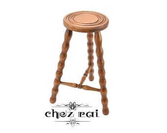 Vintage French 21" Wooden Light Coloured Round Stool Plant Stand Room Display Cottage Farmhouse Barn Wood Tabouret / ChezRai