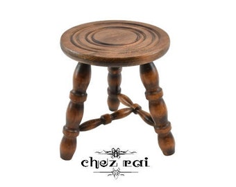 Vintage French Small Sturdy Wooden Braced Three Turned Legged Stool Plant Stand Room Display Farmhouse Cottage Mancave Gift Idea / Chez Rai
