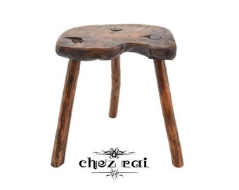 Vintage French Wooden Rustic Wonky Three Legged Stool Tabouret Farmhouse Barn Cottage Mancave Room Display Different Gift Idea / Chez Rai