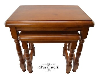 Vintage French Found Pair Hardwood Rectangular Nesting Tables Coffee Tables Side Tables End Tables / Chez Rai