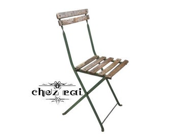 Vintage French Wooden Slats Green Metal Folding Wood Garden Chair Stool Stand Display Rest Plinth Seating Prop Tabouret c1950's / Chez Rai