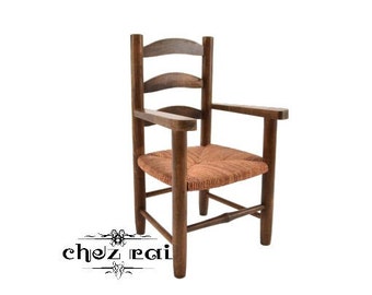 Vintage French Heavy Solid Hardwood Kid's Chair Rush Seat Arm Rest Wood Chair Children's Rustic Country Cottage Kid's Room Décor / Chez Rai