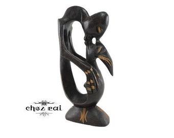 Vintage Sculpture Kissing Couple Statue Carving AMOUR FOU Lovers Wood Figurine Carved Country House Valentine's Shelf Display / Chez Rai Day