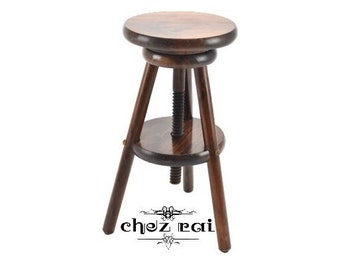 Vintage French Heavy Wooden Stool Screw Tripod Round Adjustable Wood Artists Seat Swirl Room Piano Stool Farmhouse Cottage / Chez Rai